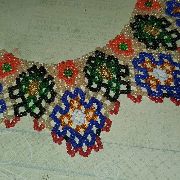 Wearable ART Vintage Glass Seed Bead and Faux Pearl Collar Necklace Style - Picture 4 of 5